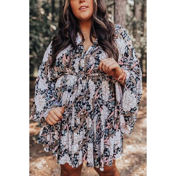 Meritt Floral Mini Dress Full Sleeves Gathered Black Multi Boho Cottage Peasant - Picture 3 of 14